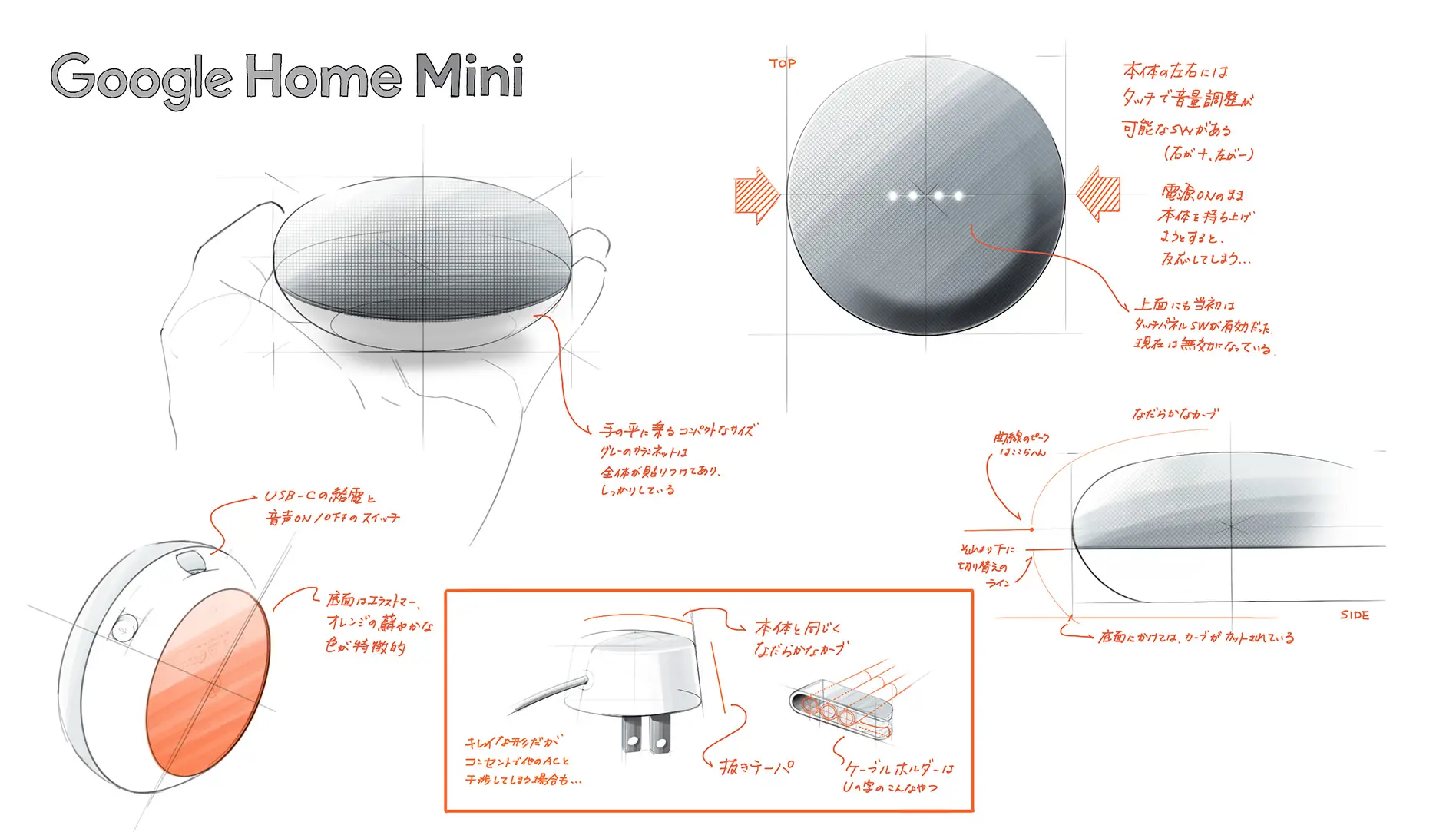 プロダクトのデザイン分析・観察スケッチ01 Google Home Mini